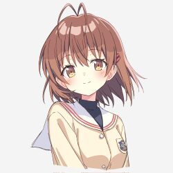 1girl antenna_hair brown_eyes brown_hair clannad closed_mouth dot_nose furukawa_nagisa hair_ornament hairclip highres hikarizaka_private_high_school_uniform looking_at_viewer parallel_hairclips sailor_collar school_uniform setteiset shirt short_hair simple_background smile solo turtleneck upper_body white_background white_sailor_collar yellow_shirt