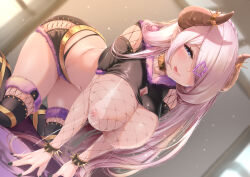 absurdres all_fours alternate_costume black_nails black_shorts blue_eyes bracelet breasts commission fishnet_top fishnets granblue_fantasy hair_over_one_eye hanging_breasts highres horns huge_breasts jewelry lactation licking_lips looking_at_viewer narmaya_(granblue_fantasy) nipples nironiro pink_hair pixiv_commission projectile_lactation shorts smile spiked_bracelet spikes tan tanline thighhighs tongue tongue_out