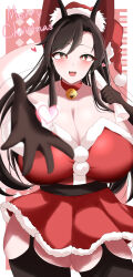 Rule 34 | 1girl, absurdres, alternate costume, animal ear fluff, animal ears, bell, black gloves, black sash, black thighhighs, blush, breasts, bright pupils, brown hair, choker, christmas, cleavage, commentary request, cowboy shot, daichia, dress, fur-trimmed dress, fur-trimmed headwear, fur trim, garter straps, gloves, hat, heart, highres, huge breasts, imaizumi kagerou, long hair, looking at viewer, merry christmas, neck bell, open mouth, parted bangs, reaching, reaching towards viewer, red choker, red dress, red eyes, red hat, santa costume, santa dress, santa hat, sash, short dress, smile, solo, strapless, strapless dress, thick thighs, thighhighs, thighs, touhou, white pupils, wolf ears, wolf girl, zettai ryouiki