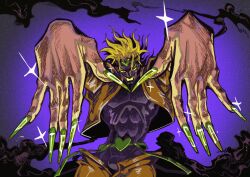 Rule 34 | 1boy, abs, belt, blonde hair, bulge, colored teeth, dio brando, green nails, headband, highres, jacket, jojo no kimyou na bouken, male focus, muscular, nepook, open clothes, open jacket, smile, solo, stardust crusaders, very long fingernails, yellow teeth