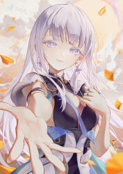 1girl absurdres black_collar black_dress breasts bright_pupils chigusa7h closed_mouth coat collar colored_eyelashes commentary dress earrings hair_spread_out hair_undone hand_up highres jewelry jinhsi_(wuthering_waves) long_hair looking_at_viewer mole mole_under_eye reaching reaching_towards_viewer small_breasts smile solo upper_body very_long_hair white_coat white_eyelashes white_eyes white_hair white_pupils wuthering_waves
