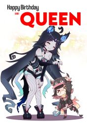 &gt;_&lt; 2girls absurdres ahoge alin_laphel animal_ears arm_up black_boots black_hair black_jacket blush boots bow breasts brown_hair choker cleavage closed_eyes closed_mouth colored_skin commentary detached_sleeves english_commentary english_text eyelashes fraiki_(vtuber) fufu_(vtuber) full_body gradient_hair grey_hat grey_skin hand_on_own_leg happy_birthday hat hat_bow height_difference highres horned_hat indie_virtual_youtuber jacket leotard living_clothes long_hair long_sleeves medium_hair multicolored_hair multiple_girls nail_polish open_clothes open_jacket pink_bow pink_hair red_nails second-party_source shirt short_shorts shorts skirt smile standing standing_on_one_leg strapless strapless_leotard sweat two-tone_hair very_long_hair virtual_youtuber