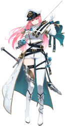 artist_collaboration blunt_bangs epaulettes gloves hat headgear holding holding_sword holding_weapon hololive hololive_english jhc_kai long_hair military military_hat military_uniform mori_calliope naval_uniform navy peaked_cap pink_hair red_eyes scabbard sheath sheathed straight_hair sword unsheathed virtual_youtuber weapon