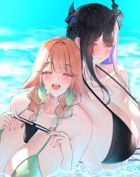 1girl absurdres asymmetrical_horns bikini black_bikini black_hair blue_hair blush breasts cleavage colored_inner_hair demon_horns gradient_hair green_bikini green_hair highres holding holding_swimsuit holding_unworn_clothes hololive hololive_english horns huge_breasts looking_at_viewer multicolored_hair nerissa_ravencroft official_alternate_costume orange_hair prab purple_eyes red_eyes smile solo swimsuit takanashi_kiara takanashi_kiara_(casual) teeth unworn_swimsuit upper_teeth_only virtual_youtuber wading water wet