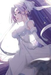 1girl alternate_costume big_hair breasts commentary_request dress elbow_gloves gloves hatsuharu_(kancolle) hikimayu kantai_collection kimura_shiki long_hair medium_breasts ponytail purple_eyes purple_hair short_eyebrows smile solo white_background white_dress white_gloves