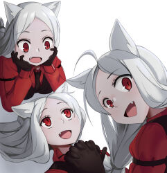 3girls absurdres ahoge animal_ears black_gloves black_necktie cerberus_(helltaker) collared_shirt dog_ears dog_girl gloves helltaker highres long_hair looking_at_viewer lying multiple_girls necktie on_back open_mouth red_eyes red_shirt shirt siblings sisters smile triplets ugaaaa1 very_long_hair white_hair