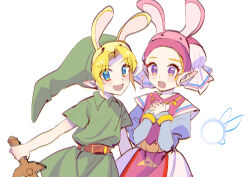 1boy 1girl absurdres belt blonde_hair blue_eyes blue_sleeves brown_belt bunny_hood_(zelda) child commentary_request dress fairy green_hat green_tunic hands_on_own_chest hat highres holding holding_sword holding_weapon juliet_sleeves kokiri_sword link long_sleeves looking_at_viewer navi nintendo open_mouth pink_dress pink_hat pointy_ears princess_zelda puffy_sleeves purple_eyes shocho_(shaojiujiu) simple_background smile sword the_legend_of_zelda the_legend_of_zelda:_ocarina_of_time tunic two-tone_dress two-tone_headwear weapon white_background white_dress white_hat young_link young_zelda