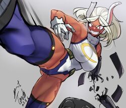 1girl absurdres amputee animal_ears bare_shoulders boku_no_hero_academia breasts breath cowboy_shot dark-skinned_female dark_skin dated grey_background grey_hair highleg highleg_leotard highres kicking large_breasts leotard mechanical_arms mirko parted_lips rabbit_ears rabbit_girl red_eyes short_hair signature simple_background single_mechanical_arm smirk solo tan teeth yoo_tenchi