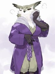 1girl beak belt bird bird_girl breasts brown_eyes drying eyebrows eyelashes feathers furry furry_female glasses green_feathers groin highres kame_(3t) large_breasts monster_girl one_eye_closed open_clothes open_robe owl owl_ears owl_girl purple_robe ramona_(unicorn_overlord) robe round_eyewear scales solo solo_focus steam towel towel_around_neck unicorn_overlord water_drop white_feathers