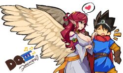 Rule 34 | &gt; &lt;, 1boy, 1girl, arm under breasts, artist name, black eyes, black hair, blue tunic, braid, breasts, brown gloves, cape, cheek pinching, circlet, cleavage, clothing cutout, commentary, copyright name, cowboy shot, dragon quest, dragon quest iii, dress, earrings, eighth note, english commentary, feathered wings, gem, gloves, green gemstone, heart, hero (dq3), image in thought bubble, jewelry, large breasts, long hair, looking at another, munchiez 0, musical note, open mouth, orange pants, orange sash, orange sleeves, pants, pinching, pink hair, pointy ears, purple dress, red cape, roto (dq3), rubiss (dragon quest), shoulder cutout, side braid, silver circlet, speech bubble, sphere earrings, spiked hair, thought bubble, tunic, white background, wings, yellow wings