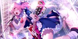 1girl :o ahoge alternate_costume apron bandaged_arm bandages black_shoes blue_dress breasts broken broken_chain bun_cover chain commentary cuffs double_bun dress electric_guitar english_commentary enmaided flower game_cg guitar hair_bun highres holding holding_instrument holding_microphone ibaraki_kasen ibaraki_kasen_(hermit_housework_maid) instrument kat_(bu-kunn) large_breasts maid microphone microphone_stand music official_art open_mouth pink_eyes pink_hair puffy_short_sleeves puffy_sleeves purple_dress red_flower red_rose rose scaffolding shackles shoes short_sleeves singing socks solo third-party_source touhou touhou_lostword waist_apron white_apron white_socks