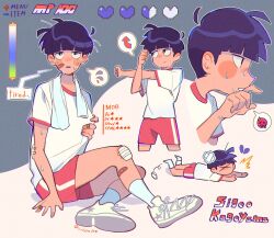 1boy bandaid bandaid_on_face bandaid_on_hand bandaid_on_leg black_hair blush_stickers broken_heart character_name copyright_name english_text gauze gym_uniform health_bar heart highres kageyama_shigeo male_focus messy_hair mob_psycho_100 multiple_views official_alternate_costume red_shorts shirt shoes short_hair shorts sneakers socks speech_bubble spoken_expression spoken_symbol stats stretching sweat tripping white_footwear white_shirt white_socks x zikko_100