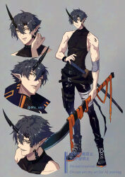 Rule 34 | 1boy, adversarial noise, arknights, bare shoulders, belt, belt buckle, black belt, black hair, black horns, black pants, black shirt, bright pupils, buckle, commentary request, covered collarbone, flamebringer (arknights), grey background, hair between eyes, highres, holding, holding weapon, horns, infection monitor (arknights), katana, looking at viewer, male focus, material growth, multiple views, oripathy lesion (arknights), pants, pointy ears, scar, scar on arm, scar on shoulder, shirt, short hair, sleeveless, sleeveless shirt, standing, sword, thigh belt, thigh strap, watermark, weapon, white pupils, wn (wani-noko), yellow eyes