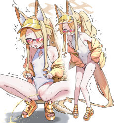 1girl absurdres animal_ear_fluff animal_ears blonde_hair blue_archive blush cameltoe censored clothing_aside covered_erect_nipples covered_navel feet flat_chest fox_ears fox_girl fox_tail halo highres jacket legs loli long_hair mosaic_censoring off_shoulder official_alternate_costume one-piece_swimsuit one_eye_covered open_mouth pee peeing pink-tinted_eyewear pussy sandals seia_(blue_archive) seia_(swimsuit)_(blue_archive) shoes simple_background solo squatting swimsuit swimsuit_aside tail tail_ornament thighhighs tinted_eyewear toes trembling visor_cap white_background white_one-piece_swimsuit yavuravu yellow_halo yellow_jacket yellow_sandals yellow_shoes
