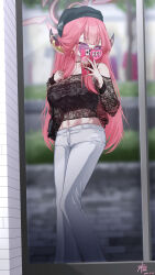 1girl absurdres alternate_costume aru_(blue_archive) bare_shoulders black_bra black_hat black_shirt blue_archive bra cellphone demon_girl demon_horns hat highres holding holding_phone horns long_hair looking_at_viewer midriff navel off-shoulder_shirt off_shoulder pants phone purple-tinted_eyewear red_hair see-through_clothes see-through_shirt shirt sidelocks smartphone solo sunglasses tinted_eyewear underwear white_pants yellow_eyes z_shitei_ero