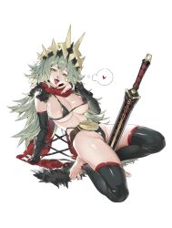 1girl absurdres barefoot bikini black_bikini black_gloves black_nails breasts caesar_king_(zenless_zone_zero) fang full_body fur_trim gloves green_hair h11k_maxx highres leg_warmers long_hair low_ponytail messy_hair open_mouth ponytail solo swimsuit sword thighs tongue tongue_out weapon white_background yellow_eyes zenless_zone_zero