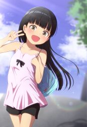 1girl absurdres aged_down alternate_costume amagami ayatsuji_tsukasa bag bare_shoulders black_eyes black_hair black_shorts blunt_bangs collarbone commentary_request day dress hand_up highres kagari_ds lens_flare long_hair open_mouth outdoors shorts shoulder_bag sky smile solo straight_hair strap_slip v white_dress