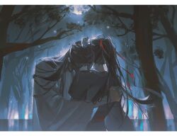 Rule 34 | 2boys, absurdres, ahoge, backlighting, black hair, black hanfu, chinese clothes, couple, dark, forest, from behind, full moon, hair ribbon, hand on another&#039;s back, hanfu, head on another&#039;s shoulder, headband, highres, hug, lan wangji, leaf, long hair, long sleeves, male focus, modao zushi, moon, moonlight, multiple boys, nature, night, night sky, outdoors, ponytail, red ribbon, ribbon, robe, sash, sky, standing, tree, upper body, wei wuxian, white hanfu, white headband, wide sleeves, xianyu tuitui, xiao guan (headdress), yaoi