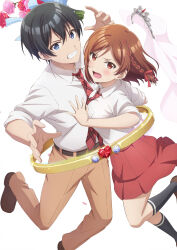1boy 1girl absurdres belt black_belt black_hair black_socks blue_eyes bouquet braid brown_hair brown_pants class_no_daikirai_na_joshi_to_kekkon_suru_koto_ni_natta. collared_shirt flower hair_ornament hair_ribbon highres houjou_saito jewelry kneehighs large_ring loafers necktie official_art open_mouth pants plaid_clothes plaid_necktie red_eyes red_necktie red_ribbon red_skirt ribbon ring sakuramori_akane school_uniform shirt shoes short_hair short_sleeves simple_background skirt socks teeth tiara wedding_ring white_background white_shirt