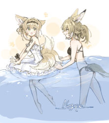 2girls alternate_costume arknights bikini black_bikini blonde_hair casual_one-piece_swimsuit green_eyes highres innertube material_growth mother_and_daughter multiple_girls nugope_(10daikun_osi) one-piece_swimsuit open_mouth oripathy_lesion_(arknights) suzuran_(arknights) swim_ring swimsuit vulpisfoglia_(arknights) white_one-piece_swimsuit
