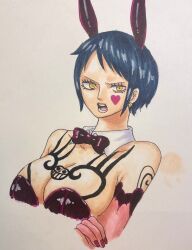 Rule 34 | 1girl, arm tattoo, armpits, arms up, black hair, breast press, breast tattoo, breasts, canon genderswap, cleavage, genderswap, genderswap (mtf), highres, large breasts, law-chan, leotard, namnam op, one piece, open mouth, playboy bunny, short hair, shoulder tattoo, sideboob, simple background, tattoo, thighs, traditional media, trafalgar law, yellow eyes