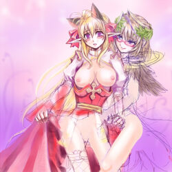 Rule 34 | animal ears, arch bishop (ragnarok online), blonde hair, blush, breasts, brown hair, cat ears, cat girl, closed mouth, commentary request, cowboy shot, cross, dress, glasses, large breasts, laurel crown, long hair, looking at another, nipples, open mouth, pointy ears, purple background, purple eyes, ragnarok online, red-framed eyewear, red dress, sash, short hair, smile, sorcerer (ragnarok online), two-tone dress, unfinished, white dress, yellow sash, yukimushi, yuri