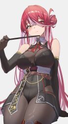 1girl ascot black_gloves breasts closed_mouth commentary gloves grey_background hand_fan heterochromia highres holding holding_fan hololive houshou_marine houshou_marine_(marching_band) large_breasts long_hair looking_at_viewer multicolored_hair red_ascot red_eyes red_hair reulem simple_background two-tone_hair virtual_youtuber white_hair yellow_eyes