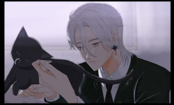 Rule 34 | 1boy, animal, baby animal, black border, black cat, black jacket, blazer, border, cat, collared jacket, collared shirt, commentary request, earrings, elf, expressionless, grey eyes, hair between eyes, highres, holding, holding animal, holding cat, indoors, jacket, jewelry, kitten, kohanai setsuna, lapel pin, lapels, light particles, lips, long sleeves, looking at animal, male focus, medium hair, mercury (shining nikki), nikki (series), nostrils, notched lapels, parted lips, pointy ears, pointy nose, shining nikki, shirt, solo, star (symbol), star earrings, thick eyebrows, upper body, white hair, white shirt, window