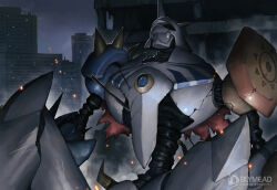 absurdres artist_name battle_damage bly_mead building cape closed_eyes digimon digimon_(creature) highres mecha omegamon outdoors robot shoulder_spikes skyscraper solo spikes torn_cape torn_clothes