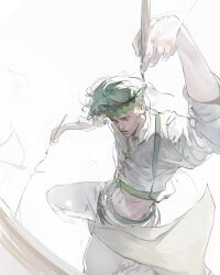 1boy absurdres arm_up belt blue_eyes closed_mouth cropped_shirt diamond_wa_kudakenai feet_out_of_frame green_belt green_hair headband highres holding holding_paintbrush jojo_no_kimyou_na_bouken kanji_(nievart) kishibe_rohan looking_down male_focus midriff navel paintbrush pants paper shirt simple_background sleeve_cuffs sleeves_rolled_up solo studded_belt suspenders toned toned_male white_background white_pants white_shirt