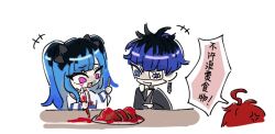 2boys ahoge amemiya_darumi black_bow black_hair blue_eyes blue_hair bow chibi closed_mouth collar earrings food frosting heart holding holding_knife japanese_clothes jewelry knife long_hair long_sleeves meat messy_hair multicolored_hair multiple_boys omokage_yugamu open_mouth pink_eyes red_hair shirt simple_background smile speech_bubble striped_clothes striped_shirt sumino_takumi the_hundred_line_-last_defense_academy- twintails upper_body white_background