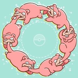 Rule 34 | animal focus, aqua background, biting another&#039;s tail, circle formation, closed eyes, closed mouth, commentary request, fangs, gen 1 pokemon, half-closed eyes, mochi (swallow-luff), nintendo, no humans, nostrils, open mouth, outline, poke ball symbol, pokemon, pokemon (creature), pokemon focus, slowpoke, smile, tail