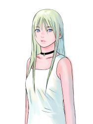 1girl absurdres blonde_hair blue_eyes breasts choker cing derivative_work dress female_focus hair_between_eyes highres hotel_dusk kanasaki_taisuke lips long_hair looking_at_viewer mila_evans official_art sidelocks simple_background sleeveless sleeveless_dress small_breasts solo sundress vector_trace white_background white_dress