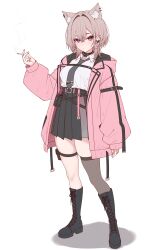 Rule 34 | 1girl, absurdres, amaki daisuke, animal ear fluff, animal ears, ankle boots, belt, black choker, boots, breasts, cat ears, choker, cigarette, collared shirt, ear piercing, grey hair, grey necktie, highres, hood, hooded jacket, jacket, looking at viewer, medium breasts, medium hair, necktie, original, piercing, pink jacket, pleated skirt, purple eyes, shirt, single thighhigh, skindentation, skirt, smoking, solo, standing, thigh strap, thighhighs, white background, white shirt, zettai ryouiki
