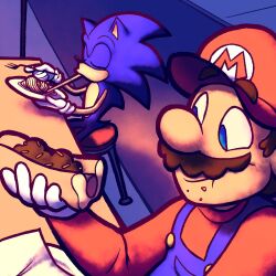 blue_eyes blue_fur brown_hair chili_dog crossover eating edmendozaart facial_hair food fork gloves hat mario mario_(series) mustache night nintendo overalls pasta sega shirt shos sitting socks sonic_(series) sonic_the_hedgehog spaghetti spiked_hair