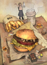 1girl apron arms_up artist_name bag blue_skirt bread brown_hair burger cheese chef_hat closed_eyes coffee commentary cooking creature crying cup cutting_onions demizu_posuka disposable_coffee_cup disposable_cup food food_focus french_fries grill grilling hat highres holding holding_bag holding_spatula hood hoodie lettuce long_skirt meat mini_person minigirl open_mouth original plastic_bag pleated_skirt sesame_seeds skirt spatula standing steam tail tomato tomato_slice white_apron white_hoodie