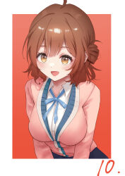 1girl :d absurdres ahoge blue_ribbon blush border breasts brown_hair cardigan commentary_request enu_illustip gakuen_idolmaster gradient_hair hanami_ume highres idolmaster large_breasts looking_at_viewer medium_hair multicolored_hair neck_ribbon open_mouth orange_hair pink_cardigan ribbon shirt simple_background smile solo upper_body white_border white_shirt