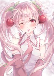 1girl absurdres ame33_2 arm_tattoo bare_shoulders blurry blurry_foreground blush breasts cherry_blossoms cherry_hair_ornament chromatic_aberration closed_mouth collared_shirt commentary_request crossed_bangs detached_sleeves double-parted_bangs falling_petals flower flower_in_mouth food-themed_hair_ornament frilled_shirt frilled_shirt_collar frills hair_between_eyes hair_ornament hatsune_miku head_tilt highres long_hair long_sleeves looking_at_viewer mouth_hold necktie number_tattoo one_eye_closed petals pink_eyes pink_flower pink_hair pink_necktie pink_sleeves pink_trim raised_eyebrows sakura_miku shirt simple_background skindentation sleeveless sleeveless_shirt small_breasts solo tattoo tie_clip twintails upper_body upturned_eyes v_arms very_long_hair vocaloid white_background white_petals white_shirt white_trim
