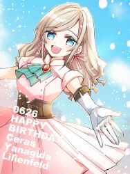 1girl :d ascot blue_eyes blue_sky breasts brown_corset ceras_yanagida_lilienfeld character_name commentary_request corset cowboy_shot dated day dream_believers dress elbow_gloves english_text fold-over_gloves gloves green_ascot grey_hair hair_ribbon happy_birthday highres kanduki_kamibukuro link!_like!_love_live! long_hair looking_at_viewer love_live! medium_breasts medium_dress official_alternate_costume open_mouth outdoors pink_dress pink_ribbon pinstripe_ascot pleated_dress ribbon short_sleeves sidelocks sky smile solo teeth underbust upper_teeth_only virtual_youtuber white_gloves