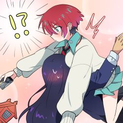 !? 2girls accidental_pervert amate_yuzuriha aqua_eyes aqua_shirt aqua_skirt between_breasts blush breasts cardigan collared_shirt face_between_breasts face_to_breasts falling gundam gundam_gquuuuuux head_between_breasts highres holding lemoontya long_hair multiple_girls necktie nyaan_(gundam_gquuuuuux) pink_background pleated_skirt purple_hair red_hair shirt short_hair skirt striped_necktie sweatdrop wide-eyed yuri