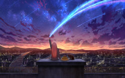1girl artist_name birthday_cake black_cat cake cat chinese_commentary city city_lights cityscape cloud commentary_request concrete dusk fence food from_behind grey_shirt highres hkcutie iron_fence lake licking_paw long_hair long_sleeves meteor_shower mountainous_horizon night night_sky on_rooftop original outdoors pink_hair purple_clouds river rooftop shirt shooting_star signature sitting sky sky_focus solo star_(sky) starry_sky straight_hair