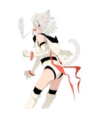 1girl :d absurdres animal_ears ass bare_shoulders belt black_belt black_thighhighs blush cat_ears cat_girl cat_tail elbow_gloves eye_mask fang from_side gloves highres hood hood_down hooded_leotard jiguang_haibao kemonomimi_mode leotard open_mouth profile shy_(character) shy_(series) smile solo speech_bubble tail thighhighs translation_request white_leotard white_thighhighs