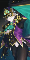 1boy animal_ears black_background black_cape black_gloves black_pants bulge cape claws closed_mouth commentary fox_boy fox_ears furry furry_male gloves hat highres live_a_hero male_focus pants round_eyewear smile symbol-only_commentary top_hat tuxedo vulpecula_(live_a_hero) yow