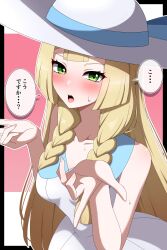 1girl absurdres blonde_hair blush braid breasts dress green_eyes hat highres lillie_(pokemon) long_hair looking_at_viewer nintendo open_mouth pokemon pokemon_sm shabana_may sleeveless sleeveless_dress solo speech_bubble sun_hat sweat translation_request twin_braids white_dress