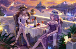 2girls absurdres alcohol alternate_costume arm_rest bare_shoulders boat bow breasts bright_pupils brown_hat bug butterfly castorice_(honkai:_star_rail) chair cleavage closed_mouth commentary_request commission crossed_legs cup dress drinking_glass earrings feet_out_of_frame food fruit full_body grey_hair hat hat_bow highres holding holding_cup honkai:_star_rail honkai_(series) hoop_earrings insect isome jewelry large_breasts long_hair looking_at_another low_twintails mountainous_horizon multiple_girls nail_polish necklace off-shoulder_dress off_shoulder on_chair outdoors pitcher_(container) pixiv_commission plant plate pointy_ears pomegranate potted_plant purple_dress purple_eyes purple_hair ring ruins sandals sitting smile star_(symbol) star_earrings stelle_(honkai:_star_rail) sun_hat sunset table tablecloth toenail_polish toenails trailblazer_(honkai:_star_rail) twintails very_long_hair water watercraft wedding_ring white_dress white_hat white_pupils wine wine_glass yellow_eyes yellow_nails