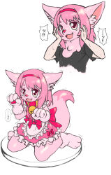 1girl absurdres animal_ears bell black_shirt bow dress fox_ears fox_tail furry furry_female genderswap genderswap_(mtf) hair_ribbon highres kneeling maid neck_bell original pink_dress pink_eyes pink_fur pink_hair ribbon shimizu_tsubasa_(tubasa9940) shirt solo sweat tail translation_request white_background