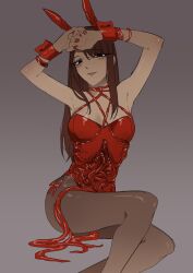 1girl animal_ears arms_up bags_under_eyes black_eyes black_leggings body_horror bracelet breast_bondage breasts brown_hair cleavage cowboy_shot hair_over_shoulder highres intestines jewelry leggings leotard lipstick looking_at_viewer makeup on_ground organs original par0llel playboy_bunny rabbit_ears red_leotard red_nails sitting skinned solo spaghetti_strap wrist_cuffs yokozuwari