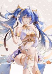 1girl absurdres ahoge ancient_greek_clothes armlet bare_shoulders blue_eyes blue_hair breasts chigusa7h cleavage commentary_request crossed_legs feet_out_of_frame gold_bra greco-roman_clothes hair_belt hand_up head_wreath highres iuno_(wuthering_waves) jewelry long_hair looking_at_viewer medium_breasts miniskirt navel parted_lips purple_skirt sitting skirt solo thighlet thighs twintails underboob very_long_hair wuthering_waves