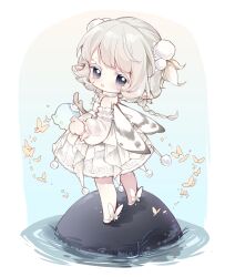 Rule 34 | 1girl, absurdres, black eyes, blonde hair, blue sky, border, braid, bug, butterfly, chibi, choker, colored eyelashes, detached sleeves, dress, expressionless, frilled dress, frilled sleeves, frills, gradient sky, hair ornament, high heels, highres, holding, holding lantern, infinity nikki, insect, insect wings, lantern, light blush, light particles, long hair, long sleeves, looking at viewer, looking back, low twin braids, moth wings, nightlight whispers (infinity nikki), nikki (series), nuli de chengzhi er, open mouth, outdoors, pleated dress, pointy ears, pom pom (clothes), pom pom hair ornament, puffy long sleeves, puffy sleeves, ripples, sad, shoes, short dress, sky, solo, sparkle, standing, strapless, strapless dress, sunrise, tareme, tearing up, twin braids, two side up, very long hair, water, white border, white choker, white shoes, white sleeves, white wings, wings, yellow butterfly, yellow sky