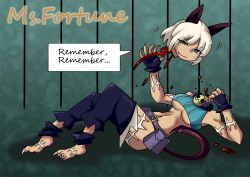 1girl animal_ears aruse_yuushi barefoot blood breasts cat_ears collar decapitation detachable_head disembodied_head english_text fang female_focus fingerless_gloves gloves guro headless midriff ms._fortune_(skullgirls) scar severed_head skullgirls solo underboob